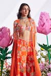 Buy_Nea by Nikita Tiwari_Orange Raw Silk Hand Embroidered Lotus Plunge Print Cape With Sharara Set _Online_at_Aza_Fashions