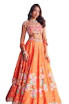 Nea by Nikita Tiwari_Orange Raw Silk Hand Embroidered Lotus Cutout Print Lehenga Set_Online_at_Aza_Fashions