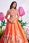 Buy_Nea by Nikita Tiwari_Orange Raw Silk Hand Embroidered Lotus Cutout Print Lehenga Set_Online_at_Aza_Fashions