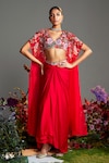 Buy_Nea by Nikita Tiwari_Red Raw Silk Hand Embroidered Floral Phool Bhag Cape With Dhoti Skirt Set_at_Aza_Fashions