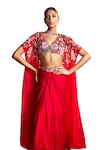 Nea by Nikita Tiwari_Red Raw Silk Hand Embroidered Floral Phool Bhag Cape With Dhoti Skirt Set _Online_at_Aza_Fashions