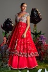 Shop_Nea by Nikita Tiwari_Red Raw Silk Hand Embroidered Floral Plunge-v Phool Bhag Anarkali Lehenga Set_Online_at_Aza_Fashions