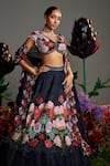 Shop_Nea by Nikita Tiwari_Black Raw Silk Hand Embroidered Floral V-neck Phool Lehenga Set_Online_at_Aza_Fashions