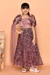 Petite Pomme_Purple Satin Beads, Stones Floral Print Embroidered Puff Sleeve Gown_Online_at_Aza_Fashions
