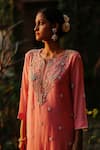 Buy_Nazar by Indu_Peach Cotton Embroidery Flower Round Neck Pearl Kurta Palazzo Set 