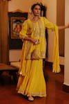 Shop_Nazar by Indu_Yellow Cotton Embroidery Gota Round Neck Floral Kurta Gharara Set_Online_at_Aza_Fashions