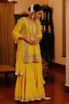 Nazar by Indu_Yellow Cotton Embroidery Gota Round Neck Floral Kurta Gharara Set_at_Aza_Fashions