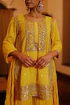 Nazar by Indu_Yellow Cotton Embroidery Gota Round Neck Floral Kurta Gharara Set_Online