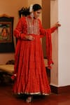 Shop_Nazar by Indu_Red Cotton Print Butti Stand Mirror Embroidered Yoke Anarkali Churidar Set_Online_at_Aza_Fashions