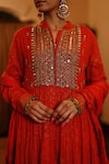 Buy_Nazar by Indu_Red Cotton Print Butti Stand Mirror Embroidered Yoke Anarkali Churidar Set