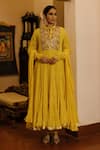 Buy_Nazar by Indu_Yellow Cotton Embroidery Dabka Stand Collar Anarkali Churidar Set_at_Aza_Fashions