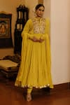 Nazar by Indu_Yellow Cotton Embroidery Dabka Stand Collar Anarkali Churidar Set_Online_at_Aza_Fashions