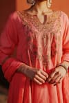Nazar by Indu_Peach Cotton Embroidery Floral Notched Neck Zari Kurta Gharara Set_Online