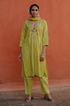 Nazar by Indu_Green Cotton Placement Embroidery Brocade Polka Dot Pattern Kurta Pant Set_Online_at_Aza_Fashions