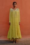 Buy_Nazar by Indu_Green Cotton Placement Embroidery Zardozi V Pearl Yoke Anarkali Churidar Set_at_Aza_Fashions