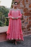 Buy_Nazar by Indu_Pink Cotton Embroidery Gota Patti Mandarin Collar Yoke Anarkali And Churidar Set_at_Aza_Fashions
