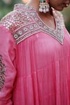 Shop_Nazar by Indu_Pink Cotton Embroidery Gota Patti Mandarin Collar Yoke Anarkali And Churidar Set