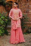 Nazar by Indu_Peach Cotton Embellished Floral V Neck Kurta Gharara Set_at_Aza_Fashions