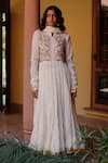 Buy_Nazar by Indu_White Cotton Hand Embroidered Bead Collar Yoke Anarkali Set_at_Aza_Fashions