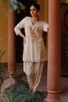 Nazar by Indu_White Cotton Hand Embroidered Gota V Neck Kurta Salwar Set _at_Aza_Fashions