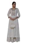 Buy_Nazar by Indu_White Cotton Embroidered Zari Notched Round Block Printed Skirt Kurta Set_Online_at_Aza_Fashions