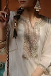 Nazar by Indu_White Cotton Embroidered Zari Notched Round Block Printed Skirt Kurta Set_Online