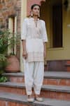 Buy_Nazar by Indu_White Cotton Embroidered Gota Mandarin Collar Short Kurta Salwar Set_Online_at_Aza_Fashions