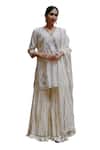 Nazar by Indu_White Cotton Hand Embroidered Gota V Neck Short Kurta Gharara Set_Online_at_Aza_Fashions