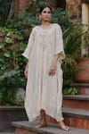 Nazar by Indu_White Cotton Embroidered Mirror V Neck Kaftan_Online_at_Aza_Fashions