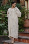 Buy_Nazar by Indu_White Cotton Embroidered Mirror V Neck Kaftan_Online_at_Aza_Fashions