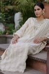 Nazar by Indu_White Cotton Embroidered Mirror V Neck Kaftan_at_Aza_Fashions