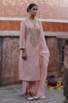 Shop_Nazar by Indu_Pink Chanderi Hand Embroidered Gota Notched Round Straight Kurta Set _Online_at_Aza_Fashions