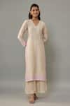 Buy_The Aarya_Ivory Handwoven Chanderi Hand Embroidered Pearls V Neck Kurta Palazzo Set _Online_at_Aza_Fashions