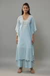 Buy_The Aarya_Blue Handwoven Chanderi Hand Embroidered Pearls Glass Neck Kaftan And Palazzo Set _at_Aza_Fashions