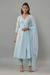 Buy_The Aarya_Blue Handwoven Chanderi Hand Embroidered Pearls Notched Kurta Pant Set _at_Aza_Fashions