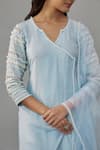 Shop_The Aarya_Blue Handwoven Chanderi Hand Embroidered Pearls Notched Kurta Pant Set _at_Aza_Fashions