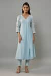 Shop_The Aarya_Blue Handwoven Chanderi Hand Embroidered Pearls Notched Kurta Pant Set _Online_at_Aza_Fashions