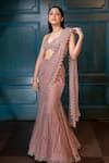 Isa By Dolly Wahal_Pink Net Hand Embroidery Isabelle Champagne Zig-zag Saree And Strappy Blouse Set _Online_at_Aza_Fashions