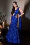 Buy_Isa By Dolly Wahal_Blue Net Hand Embroidery Sequins Leaf Neck Firefly Fishcut Lehenga Set _at_Aza_Fashions