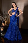 Isa By Dolly Wahal_Blue Net Hand Embroidery Sequins Leaf Neck Firefly Fishcut Lehenga Set _at_Aza_Fashions