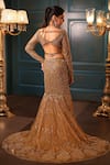 Shop_Isa By Dolly Wahal_Gold Net Hand Embroidery Sequins V-neck Celeste Fishcut Trail Lehenga Set _at_Aza_Fashions