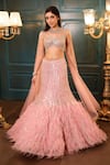 Buy_Isa By Dolly Wahal_Pink Net Hand Embroidery Feathers V-neck Fishcut Lehenga And Blouse Set _at_Aza_Fashions