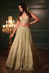 Buy_Isa By Dolly Wahal_Green Net Hand Embroidery Sequins Plunged V-neck Feather Pistachio Lehenga Set _at_Aza_Fashions