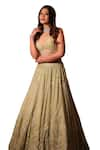 Isa By Dolly Wahal_Green Net Hand Embroidery Sequins Plunged V-neck Feather Pistachio Lehenga Set _Online_at_Aza_Fashions