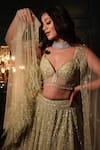 Buy_Isa By Dolly Wahal_Green Net Hand Embroidery Sequins Plunged V-neck Feather Pistachio Lehenga Set _Online_at_Aza_Fashions