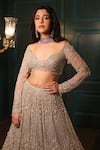 Shop_Isa By Dolly Wahal_Grey Net Hand Embroidery Sequins Metallic Attached Can-can Lehenga Set _Online_at_Aza_Fashions