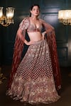 Buy_Isa By Dolly Wahal_Brown Net Hand Embroidery Caramel Floral Lehenga With Draped Dupatta Blouse _at_Aza_Fashions