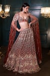 Isa By Dolly Wahal_Brown Net Hand Embroidery Caramel Floral Lehenga With Draped Dupatta Blouse _Online_at_Aza_Fashions