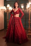 Buy_Isa By Dolly Wahal_Red Net Hand Embroidery Sequins Leaf Neck Mira Trail Lehenga Set _at_Aza_Fashions