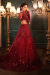 Shop_Isa By Dolly Wahal_Red Net Hand Embroidery Sequins Leaf Neck Mira Trail Lehenga Set _at_Aza_Fashions